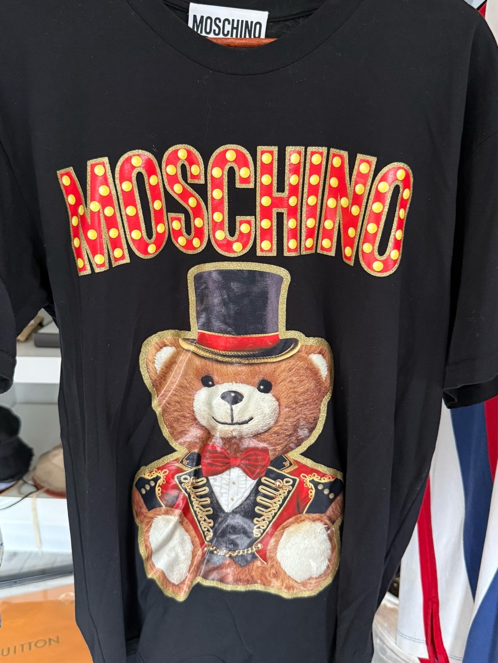 Moschino Black Tee with Red & Gold Teddy Graphic